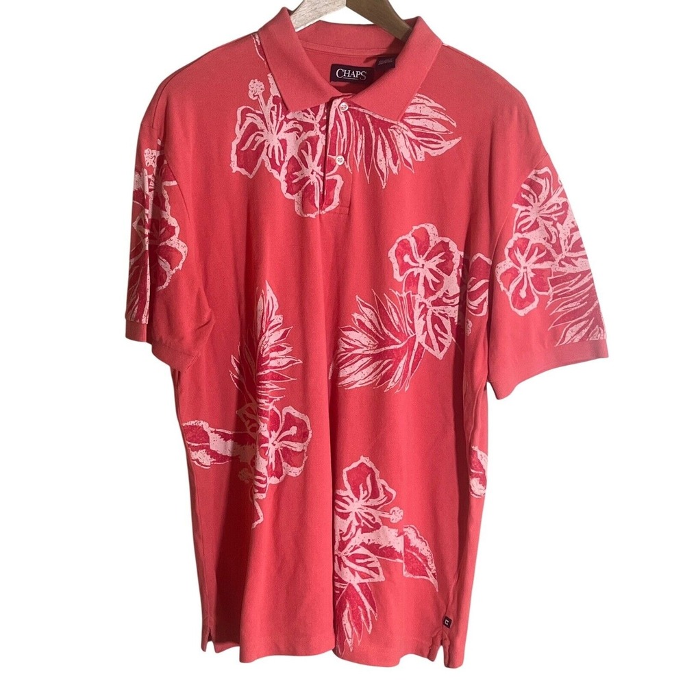 Chaps Floral Salmon Colored Short‎ Sleeve Polo Hawaiian All Over Men's Size XL